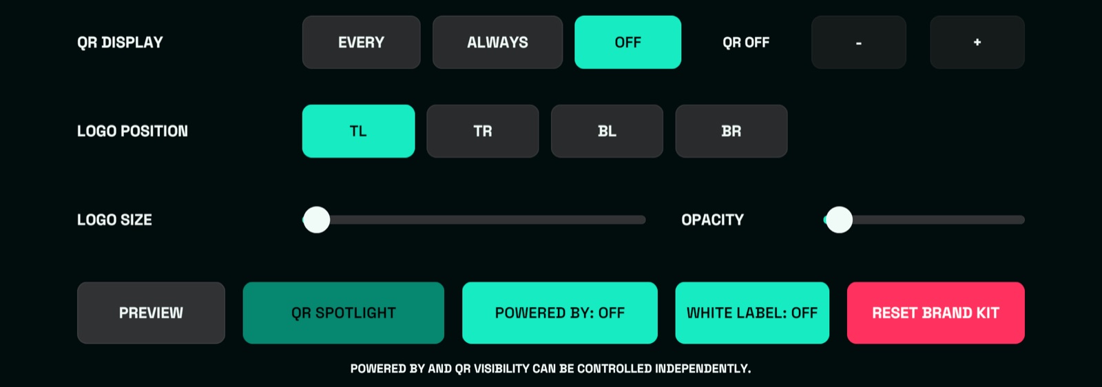 Brand Kit controls: QR display, logo position TL TR BL BR, logo size and opacity, QR Spotlight, Powered By and White Label