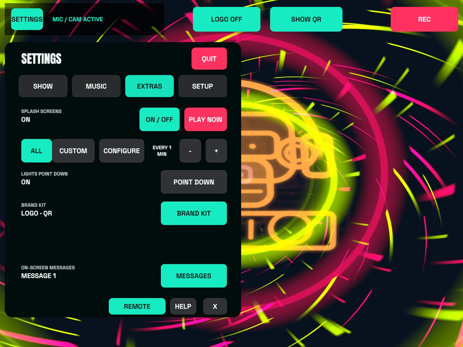 EXTRAS tab: splash screens, on-screen light effects, Brand Kit and on-screen messages