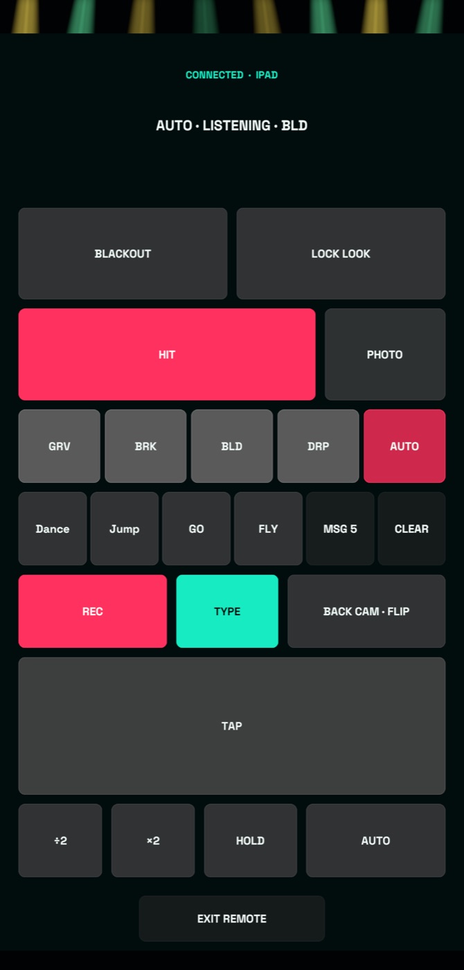 iPhone remote with Blackout, Lock Look, Hit, Photo, sections, messages, REC, Type, camera flip and tempo buttons