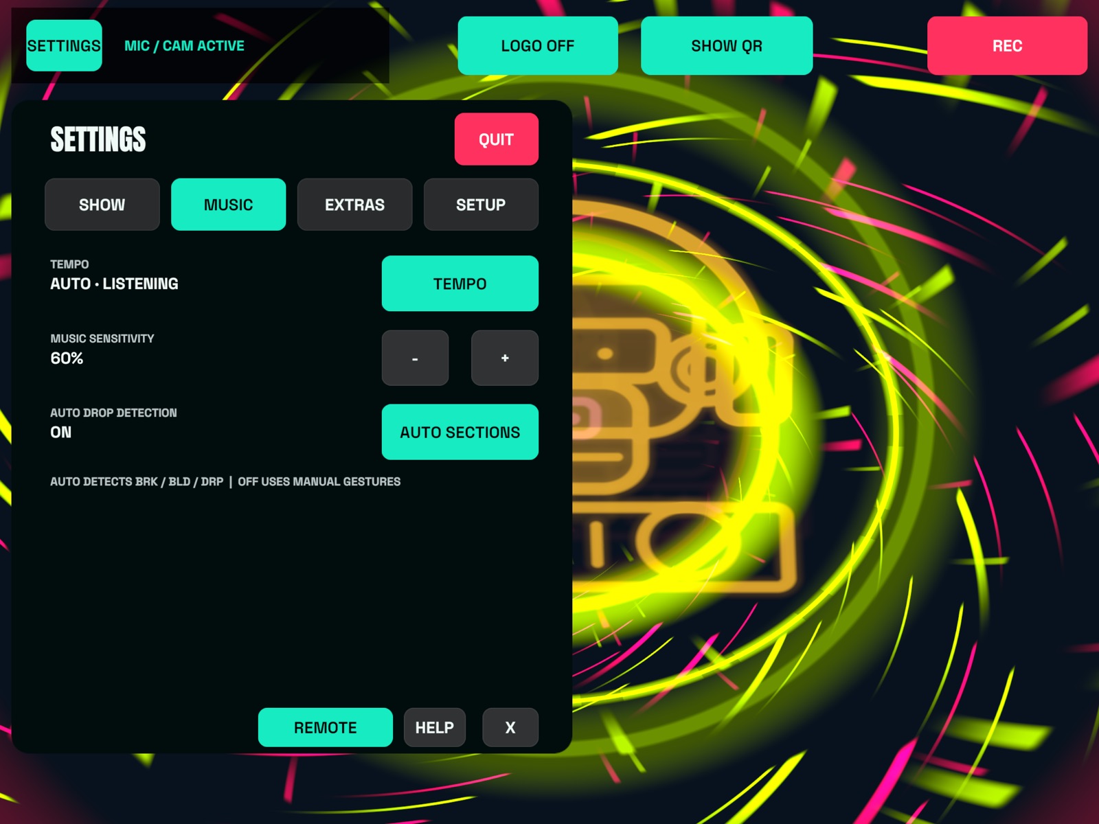 MUSIC tab: tempo, music sensitivity and auto drop detection