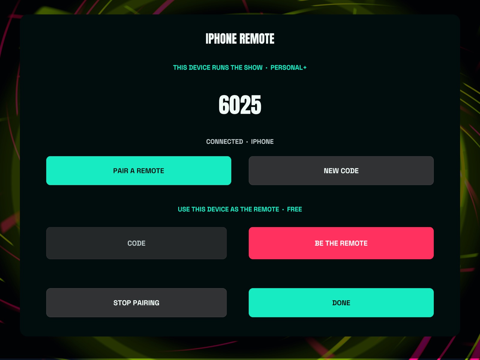 Pairing screen on the iPad showing a 4-digit code and a connected iPhone
