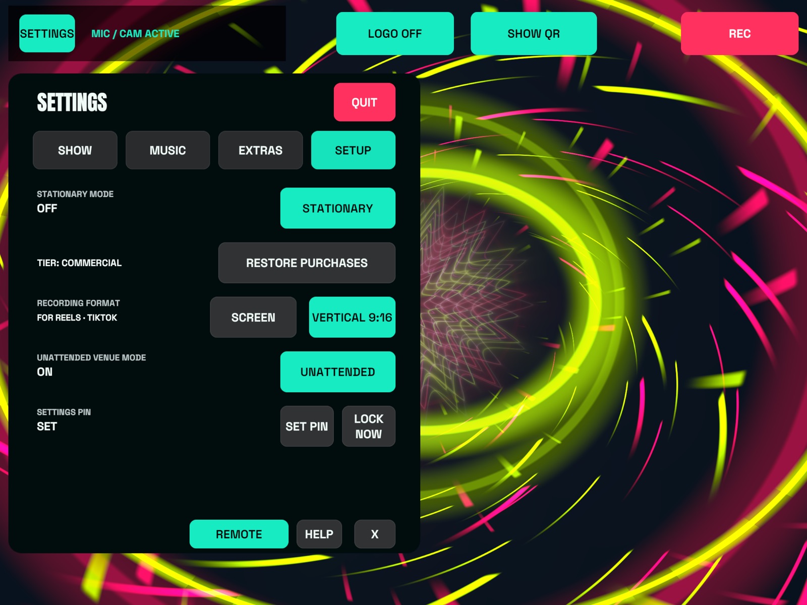 SETUP tab: stationary mode, purchases, recording format, unattended venue mode and settings PIN