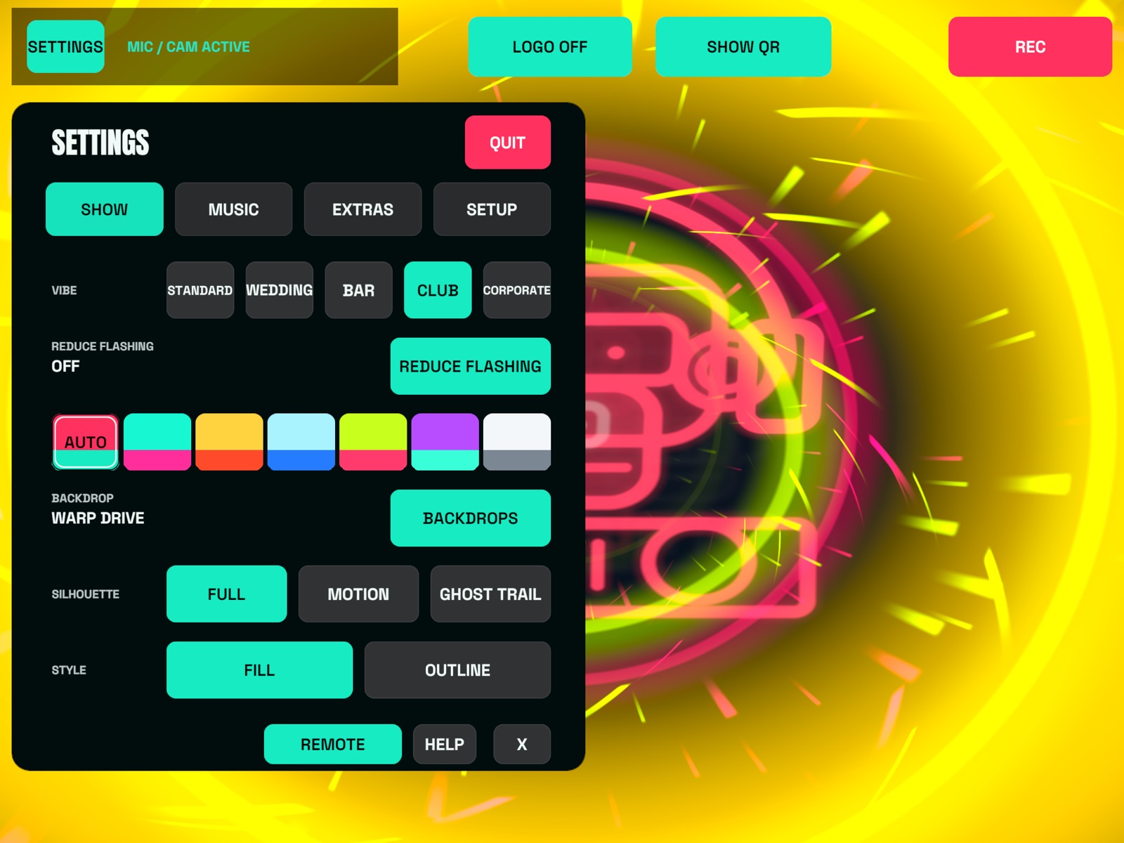 SHOW tab: vibe, reduce flashing, colors, backdrop, silhouette and style